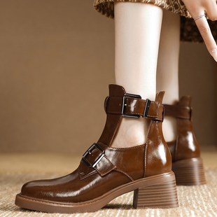 秋隐形内增高9CM 头层牛皮圆头镂空透气皮带扣舒适百搭休闲马丁靴