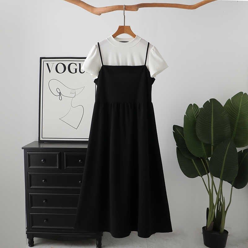 2024夏装韩版新款时尚白色短袖t恤黑色吊带连衣裙大码两件套装,女装/女士精品,时尚套装,淘宝优惠券,粉丝福利购,淘宝优惠卷