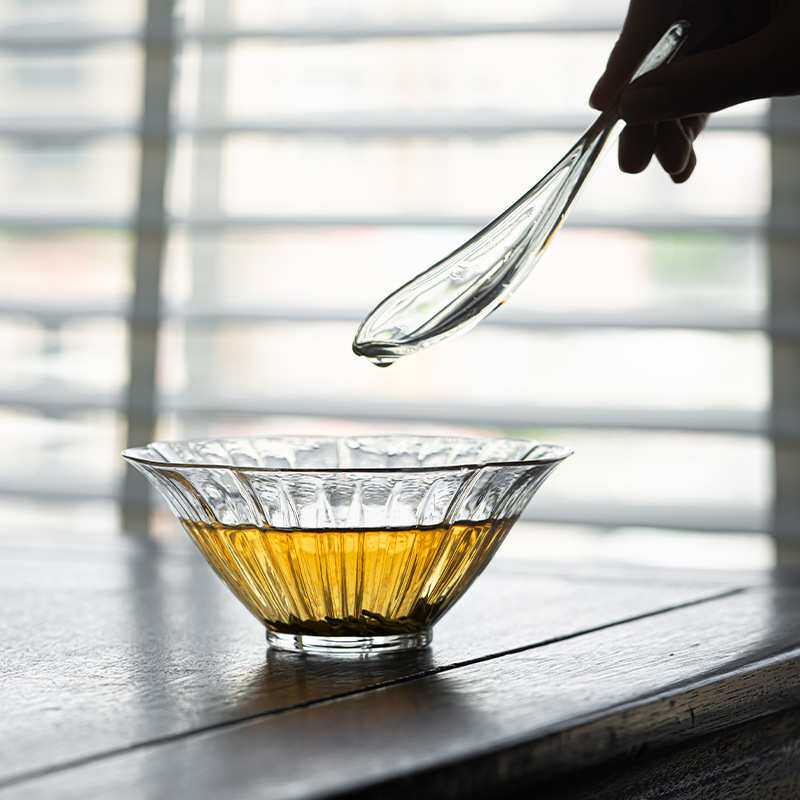 绿茶花瓣泡茶碗两件套高硼硅泡茶器耐高温斗笠碗龙井茶汤匙品鉴碗