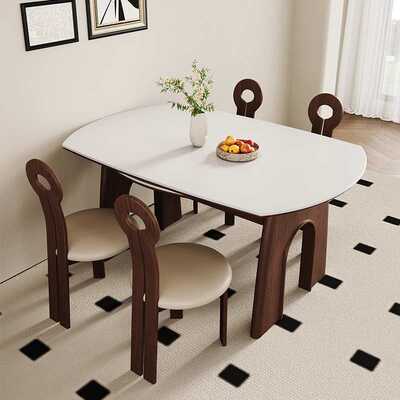 中古风折叠实木餐桌椅岩板2024新款美式法式伸缩方可变圆桌小户型