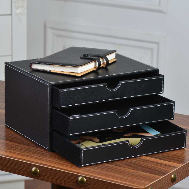 高档创意皮质桌面文件收纳盒 办公抽屉整理储物柜放A4纸 办公用品