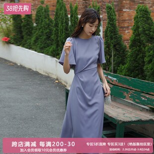 垂感设计感小众显瘦显白紫色连衣裙2091遮肚子法式 雪纺不规则长裙