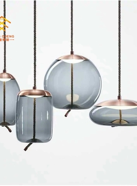 新款简约吊灯咖啡厅个性吧台麻绳loft餐厅吊灯蓝色吊灯创意玻璃灯