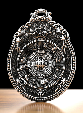 999纯银 纯银九宫八牌男女本命年西藏牌十二生肖项链男本命佛吊坠