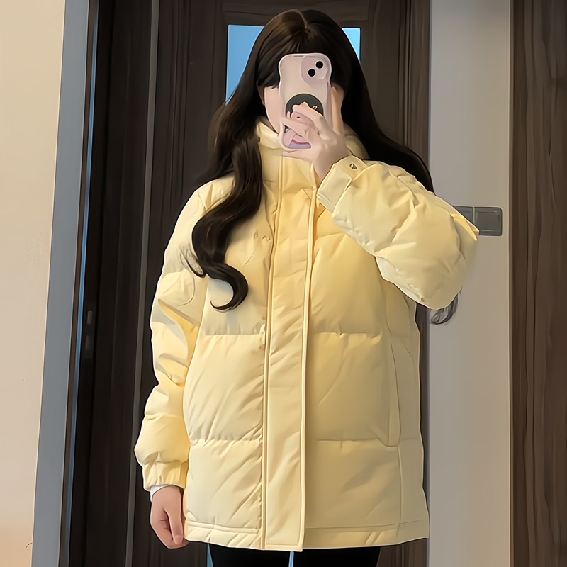 中戏短款奶黄色连帽羽绒棉服女冬2024年新款韩版小个子加厚面包服