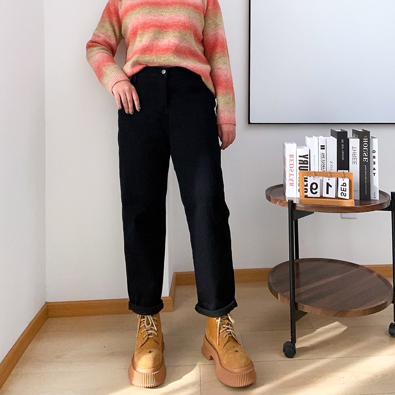 大码加绒牛仔裤女冬季高腰直筒哈伦裤黑色女裤显瘦老爹裤胖mm裤子
