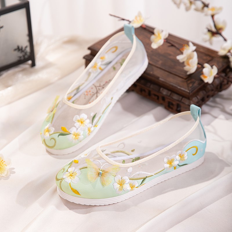 汉服鞋女夏季超仙网纱透气凉鞋配古装学生表演平底布鞋古风绣花鞋