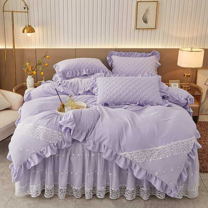 新款公主风床裙四件套蕾丝花边被套夹棉床罩A类少女床上用品4