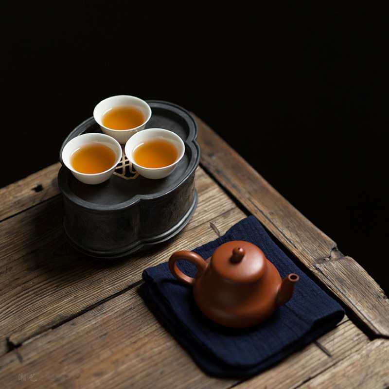 潮阳纯锡茶盘 锡壶承工夫茶盘 海棠 茶船茶海茶承铜建水壶托