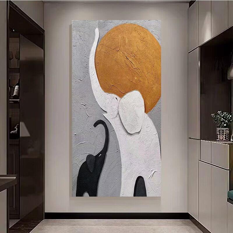 吉祥大象手绘油画轻奢玄关装饰画黑白抽象肌理画走廊过道无框挂画