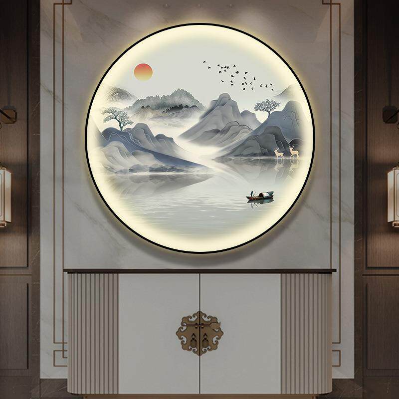 玄关装饰画入户正对门圆形挂画餐馆茶室led氛围灯新中式山水壁画