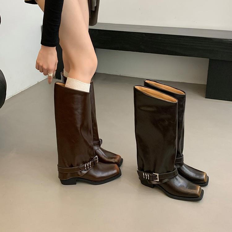朋克街头复古擦色马丁靴女2024方头做旧靴金属库管不过膝靴西部靴