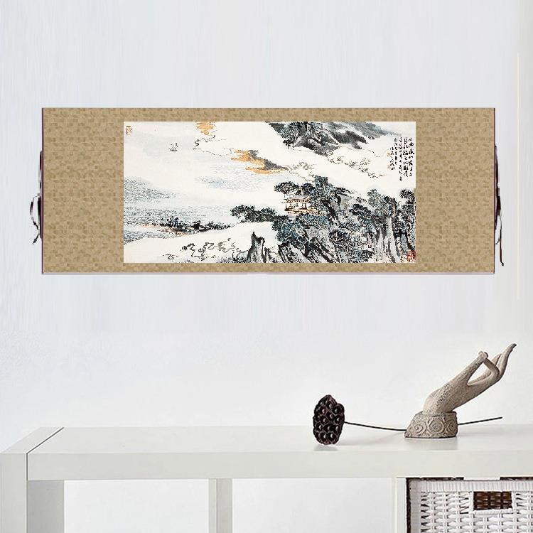 陆俨少小雨藏山客坐久山水画挂轴条幅卷轴名画复制品书房玄关挂画