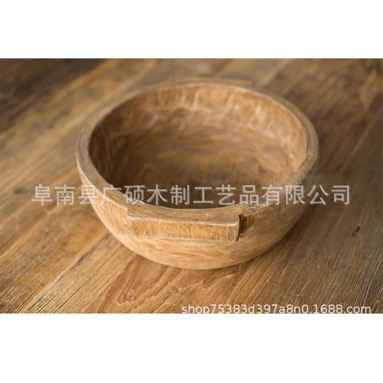 木碗做旧把手圆木盆宝宝拍照新生儿摄影道具家居收纳创意摆件带