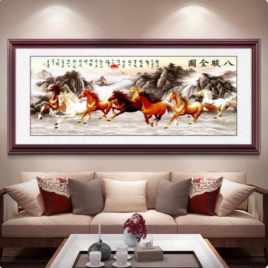 八骏图客厅装饰画大气八马图茶室书房办公室中式大幅马到成功挂画