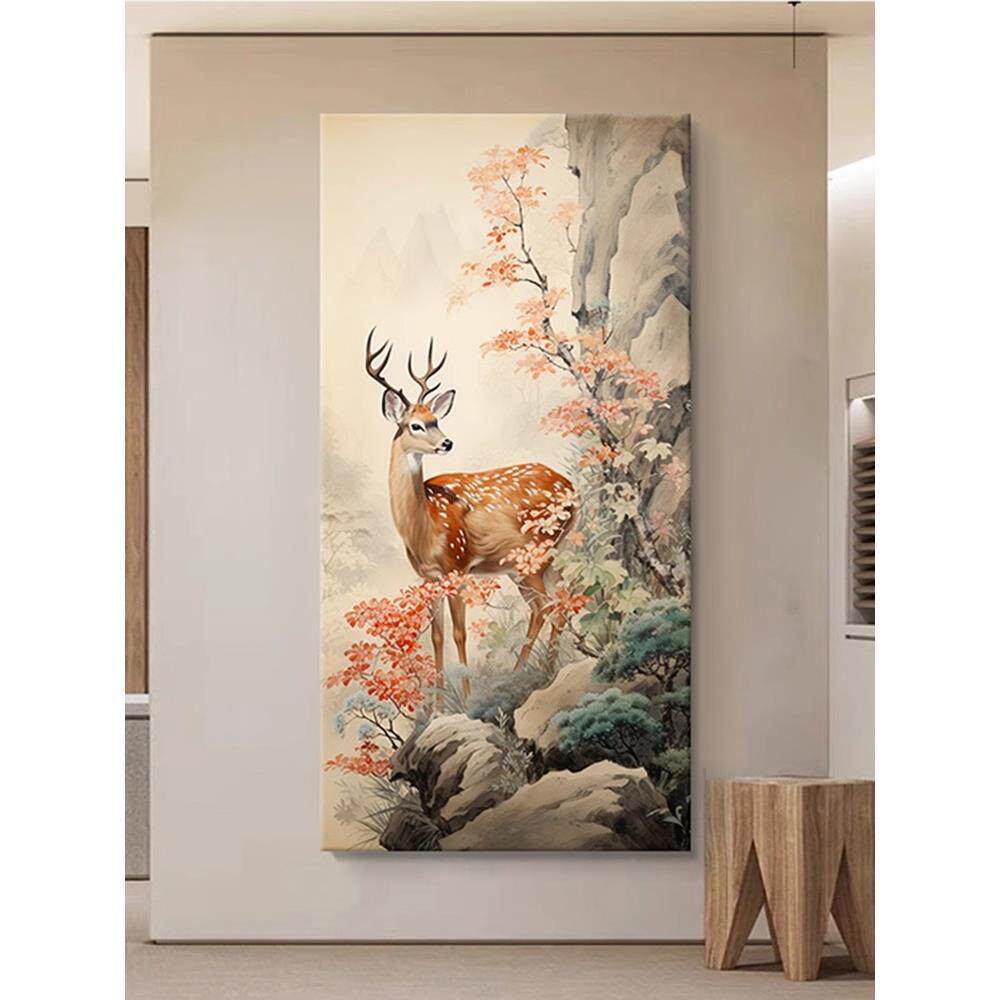 一路平安梅花鹿装饰画客厅新中式动物风景玄关小鹿挂画寓意好大气