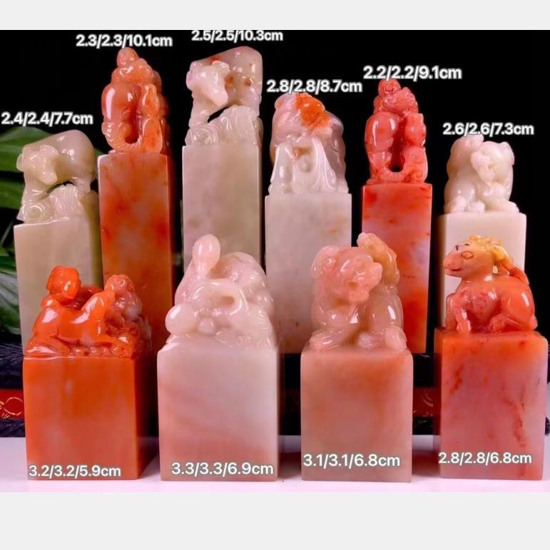 寿山石一组10方老挝石结晶善伯冻金石篆刻印章雕章各种纽章配盒