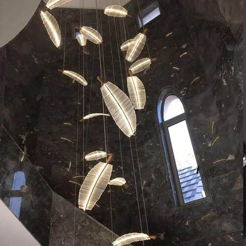 轻奢水晶树叶羽毛吊灯后现代别墅中空跃层楼梯Loft大厅艺术创意