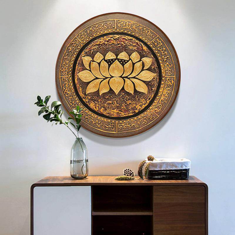 手绘油画荷花玄关装饰画餐厅挂画圆形东南亚泰式金箔立体壁画
