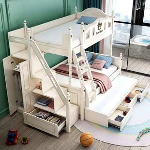 新年美式儿童实木高低床上下双层床多功能子母床梯柜拖床组合上下