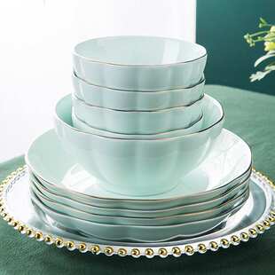 碗碟套装 家用金边饭碗面汤碗菜盘影青轻奢陶瓷碗餐具轻奢风