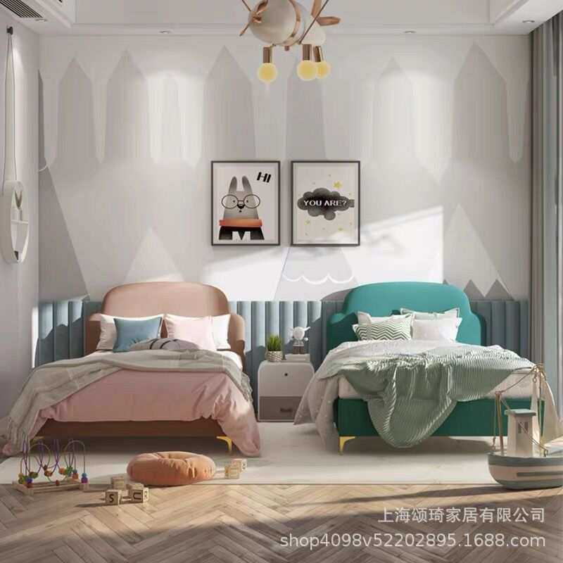 简约现代儿童床双胞胎北欧风单人床少女公主床二胎家庭网红布艺床