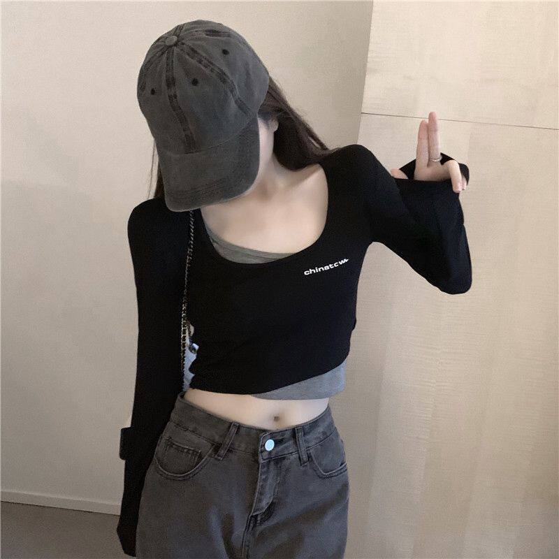 假两件恤女长袖短款紧身修身露脐装学生春秋时尚秋衣外穿上衣