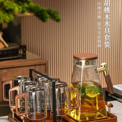 中式高档水具套装家用客厅带把玻璃喝水杯子茶杯家庭待客水杯托盘