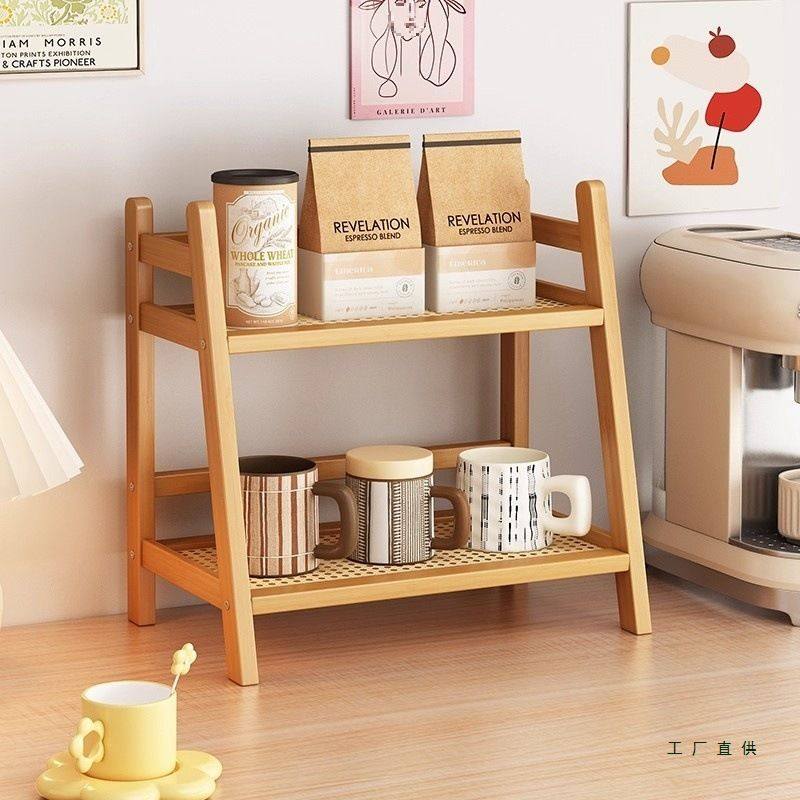 实木桌面置物架办公台面多层咖啡茶杯架客厅水壶茶具收纳整理架子