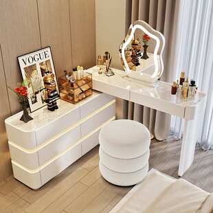 lw0超薄30cm实木岩板卧室梳妆台奶油风斗柜一体化妆桌带氛围灯化
