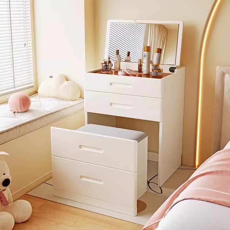 实木梳妆台小型奶油风化妆桌卧室现代简约迷你翻S盖床头收纳柜一