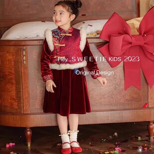 2024过年服女童冬季加绒连衣裙宝宝中国风唐装儿童拜年服元旦演出