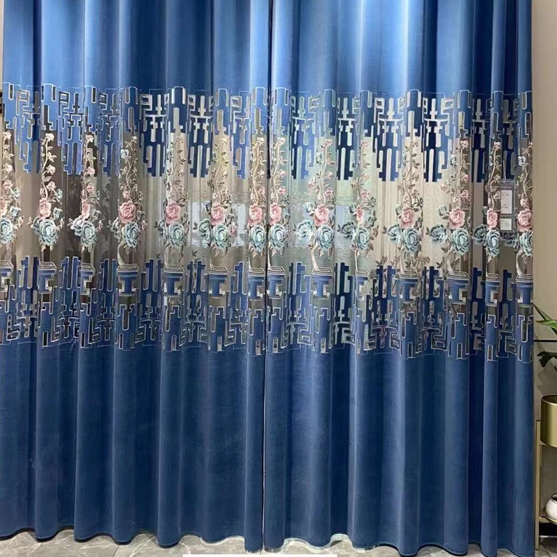 高档新中式大气定制客厅绒布绣花窗帘成I品卧室遮光V落地窗飘窗纱