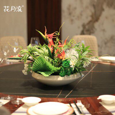 酒店大圆桌中间转盘摆花餐桌摆设新中式桌花创意装饰花品桌景摆件