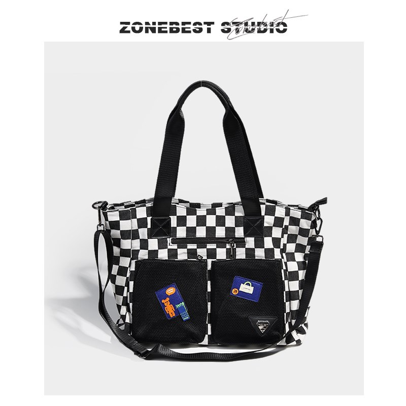 韩版托特包2023新款女士棋w盘格子牛仔帆布休闲时尚大包单肩斜挎