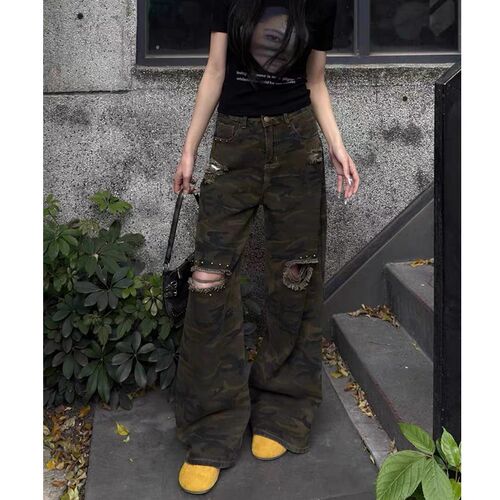 大码美式复古设计感迷彩破洞牛仔裤女春夏2025年新款宽松阔腿裤子