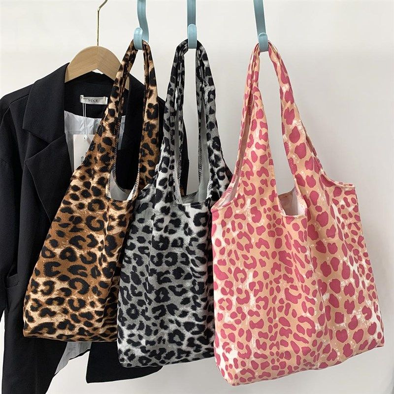 韩系博主豹纹帆布包帆布包孔孝真同款慵懒风单肩包V大容量轻便布