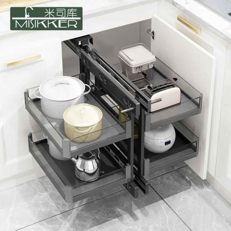橱柜转角拉篮厨房锅架拉篮厨柜置物架全拉L出橱柜拐角小怪物小柜