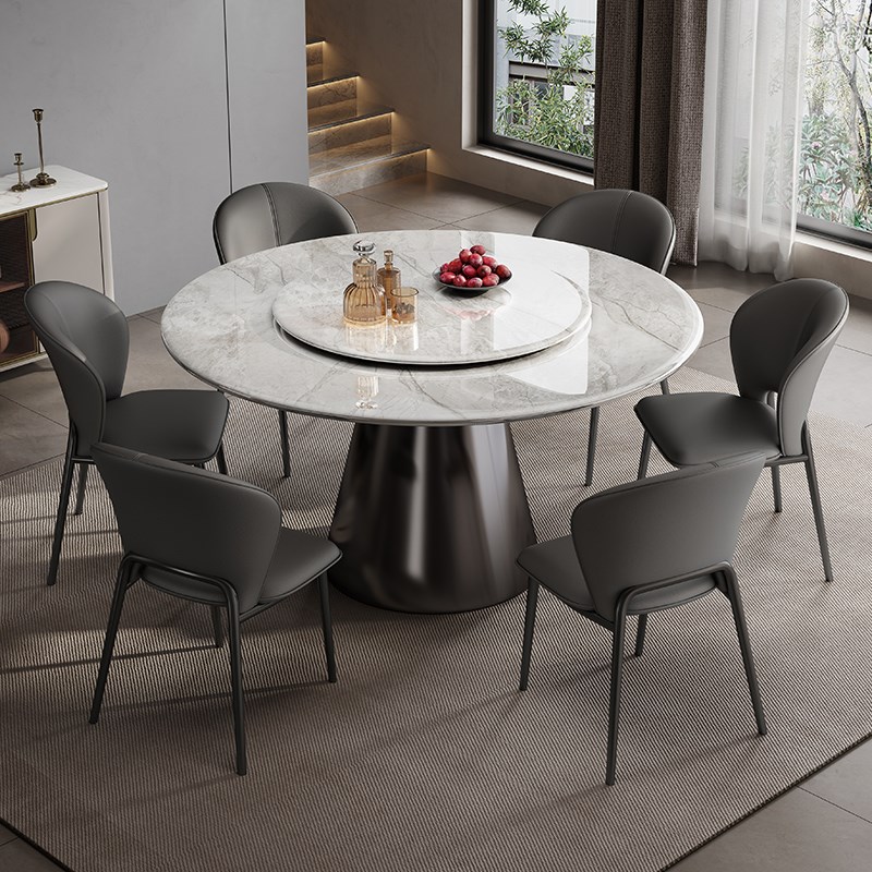 高端大理石餐f桌椅组合现代简约微晶石家用圆形大圆桌带转盘饭桌