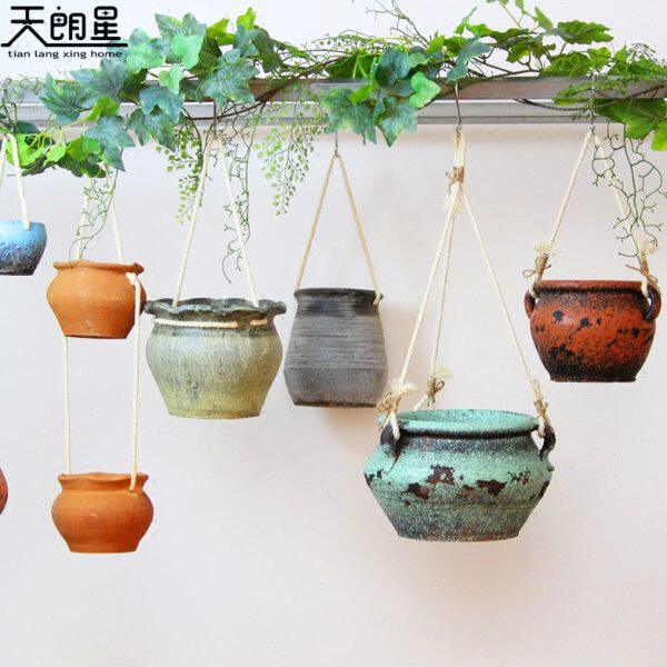 粗陶花盆 田园星天复古朗悬挂做旧陶花器壁挂家居吊花盆器悬陶罐