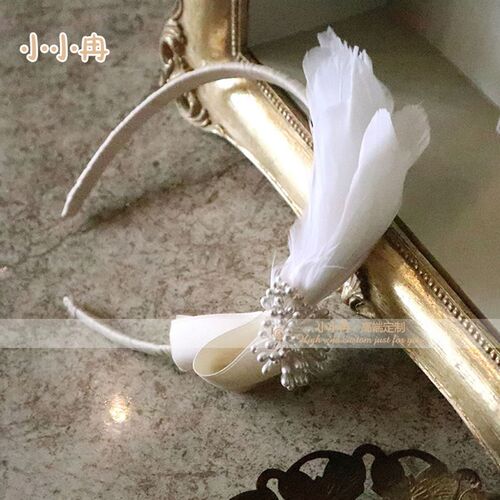 韩版儿童头饰女宝宝生日宴会羽毛发箍白色可爱发饰丝带手缠发箍新