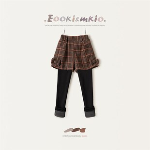 女童毛呢格子短裤假两件长裤儿童加绒加厚打底裤宝宝外穿裤子秋冬