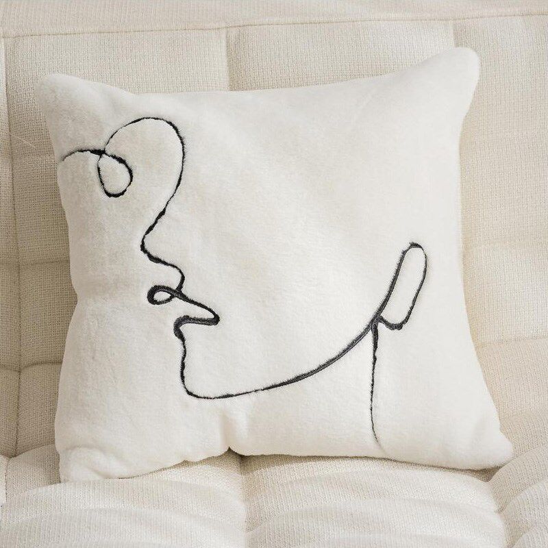 【人脸】毛绒刺绣抱枕套黑白线条E艺术轻奢沙发客厅靠枕方靠垫