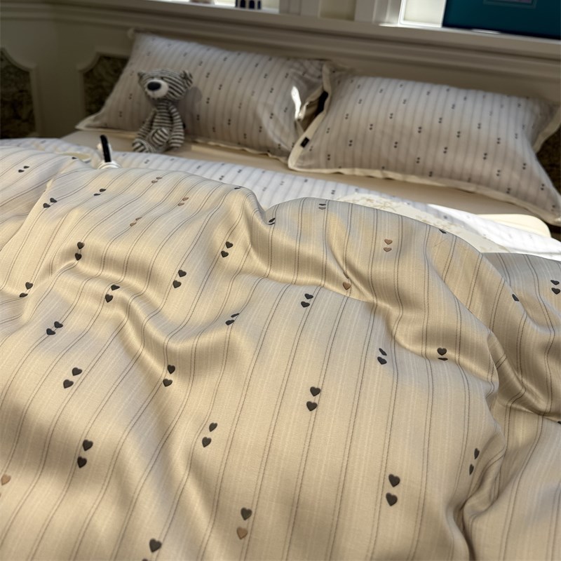 60s兰精天丝凉感丝滑复古绿爱心条纹四件套1.5m1.U8米床单被套夏