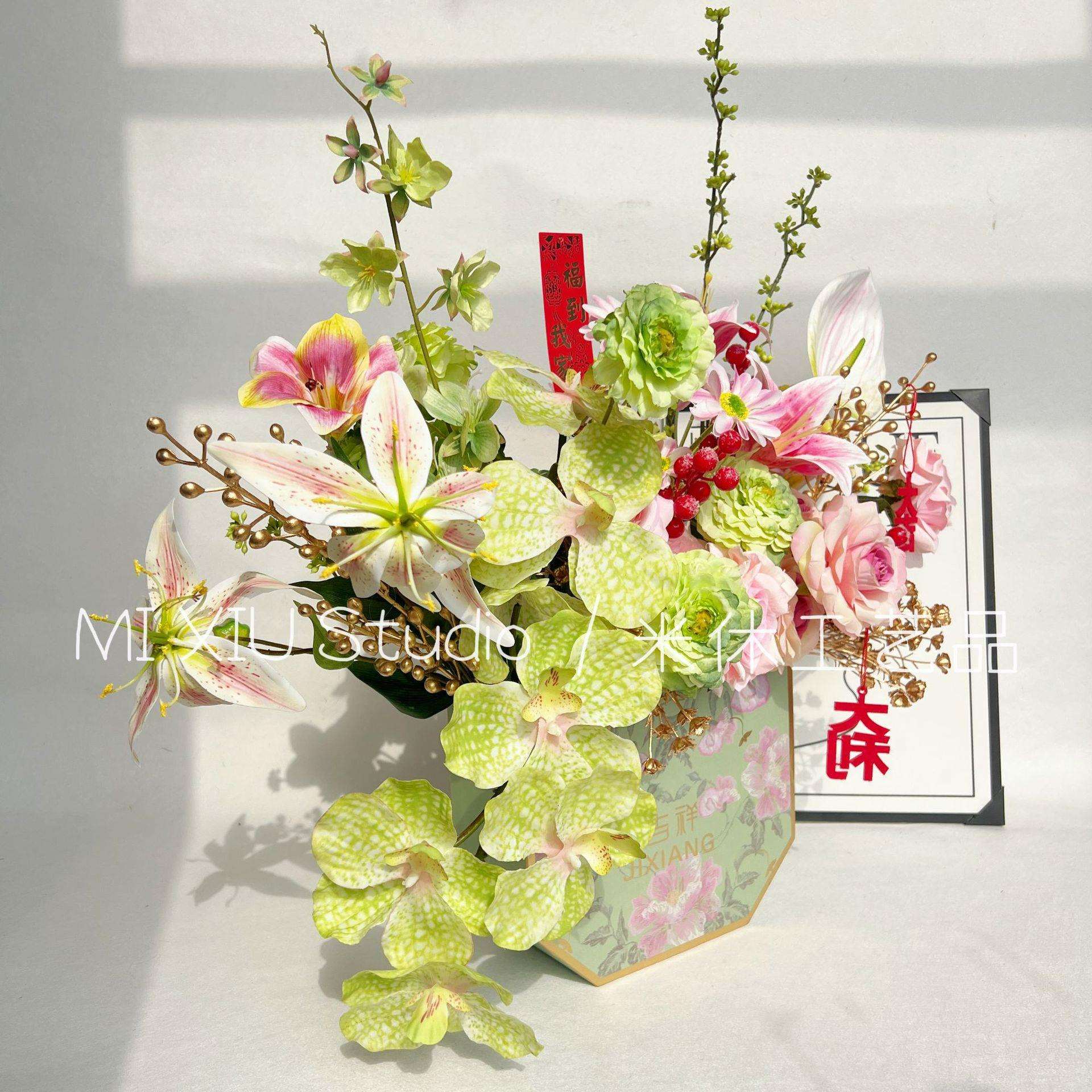 年宵花福桶抱抱桶组合套婚礼场景仿真花装饰桌面花束布置摆设图片