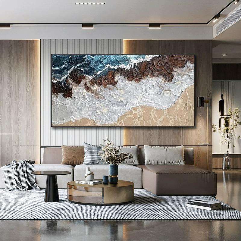雪川简约高级感纯手绘油画抽象北欧现代大芬村挂画海浪横幅装饰画
