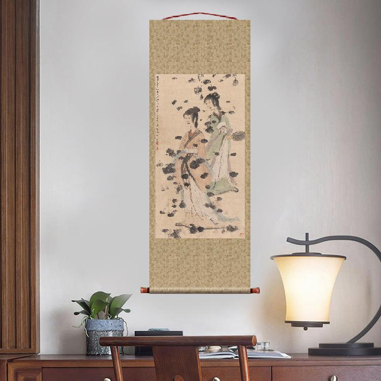 傅抱石仕女图卷轴挂画条幅画复制品仕女图国画中式装饰画玄关画