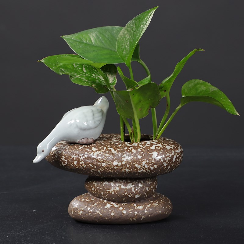 陶瓷小花盆摆件水培绿铜钱v草小和尚动物桌面茶盘电视柜办公室花