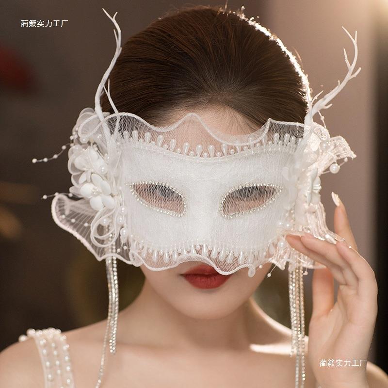 白色面纱鹿角面具半脸女古风演出汉服面罩圣诞节化妆舞会派对道具