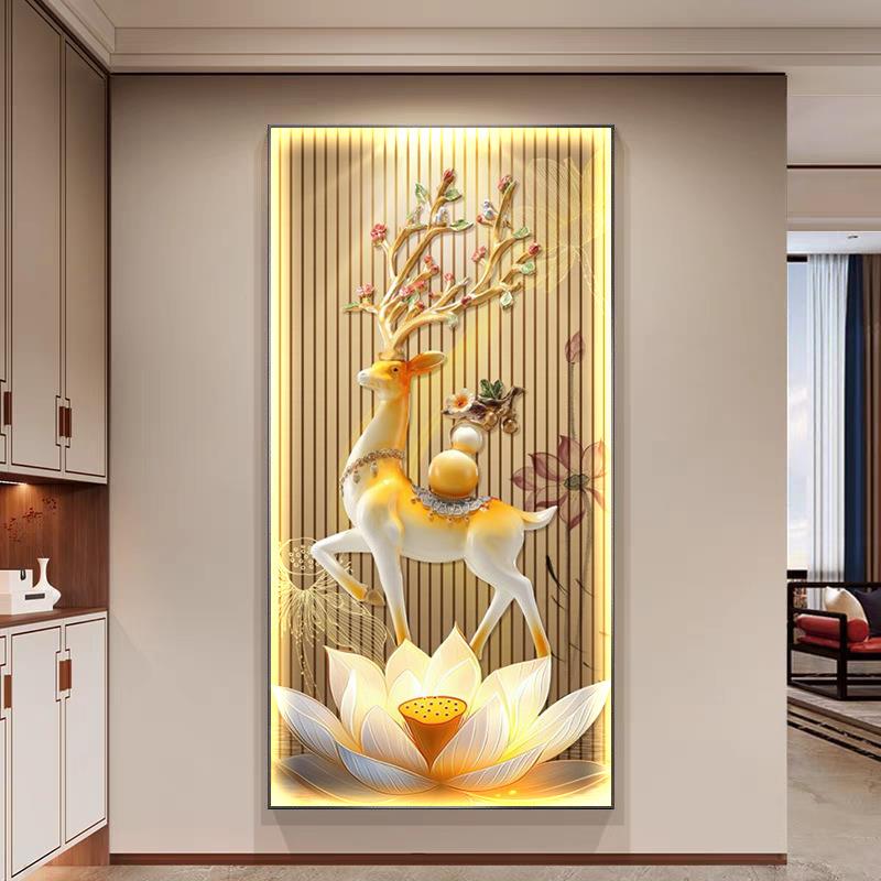 福禄双全玄关装饰画新中式葫芦麋鹿走廊挂画轻奢莲花入户带灯壁画
